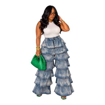 Ruffle denim statement pants