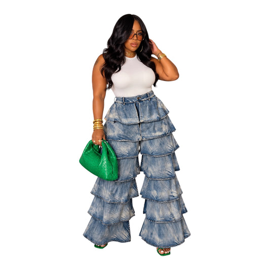 Ruffle denim statement pants